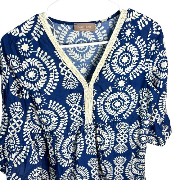 Saiph Lab Boho Top Blue White Bell Sleeve Blouse Size M Tunic Festival Peasant - Picture 3 of 9